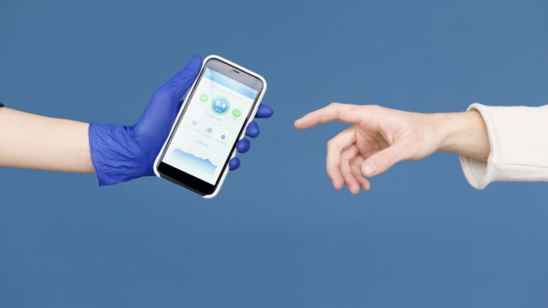 Conceptual image of hands reaching for smartphone with health app on blue background.